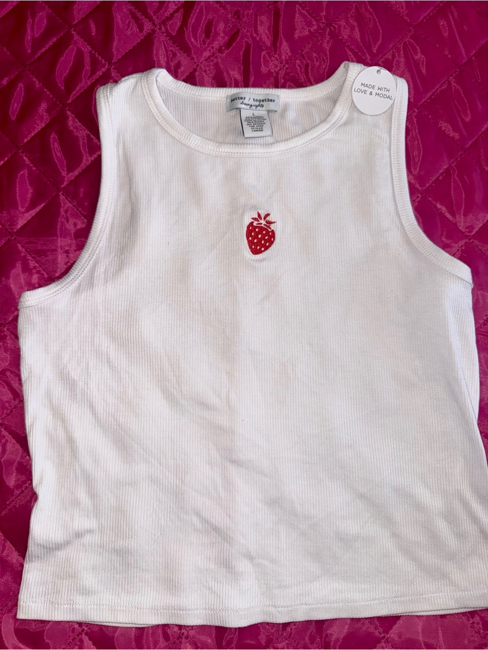 Women’s White Ribbed Tank Top with Red Strawberry Embroidery size large